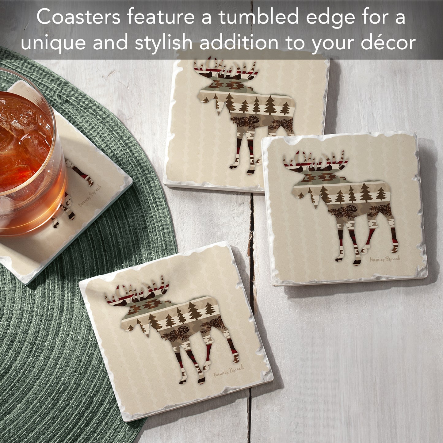 Thirstystone Patterned Moose 4 Pack Tumbled Tile Stone Coasters 4" Square Manufactured in The USA
