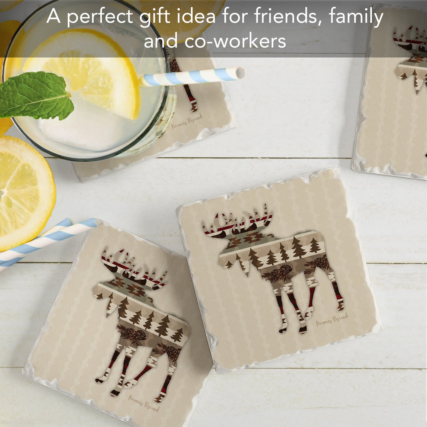 Thirstystone Patterned Moose 4 Pack Tumbled Tile Stone Coasters 4" Square Manufactured in The USA