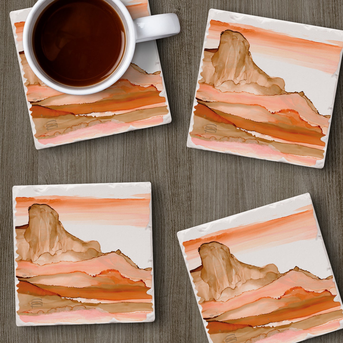 Thirstystone Desertscape 4 Pack Tumbled Tile Stone Coasters 4" Square Manufactured in the USA
