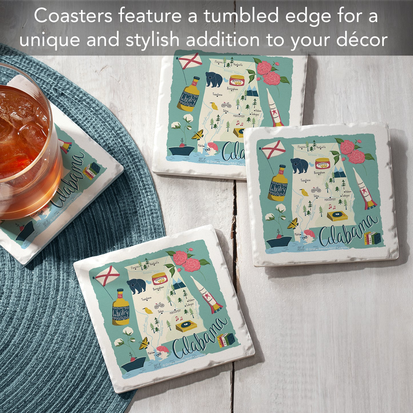 Thirstystone Alabama Home State 4 Pack Tumbled Tile Stone Coasters 4" Square Manufactured in the USA