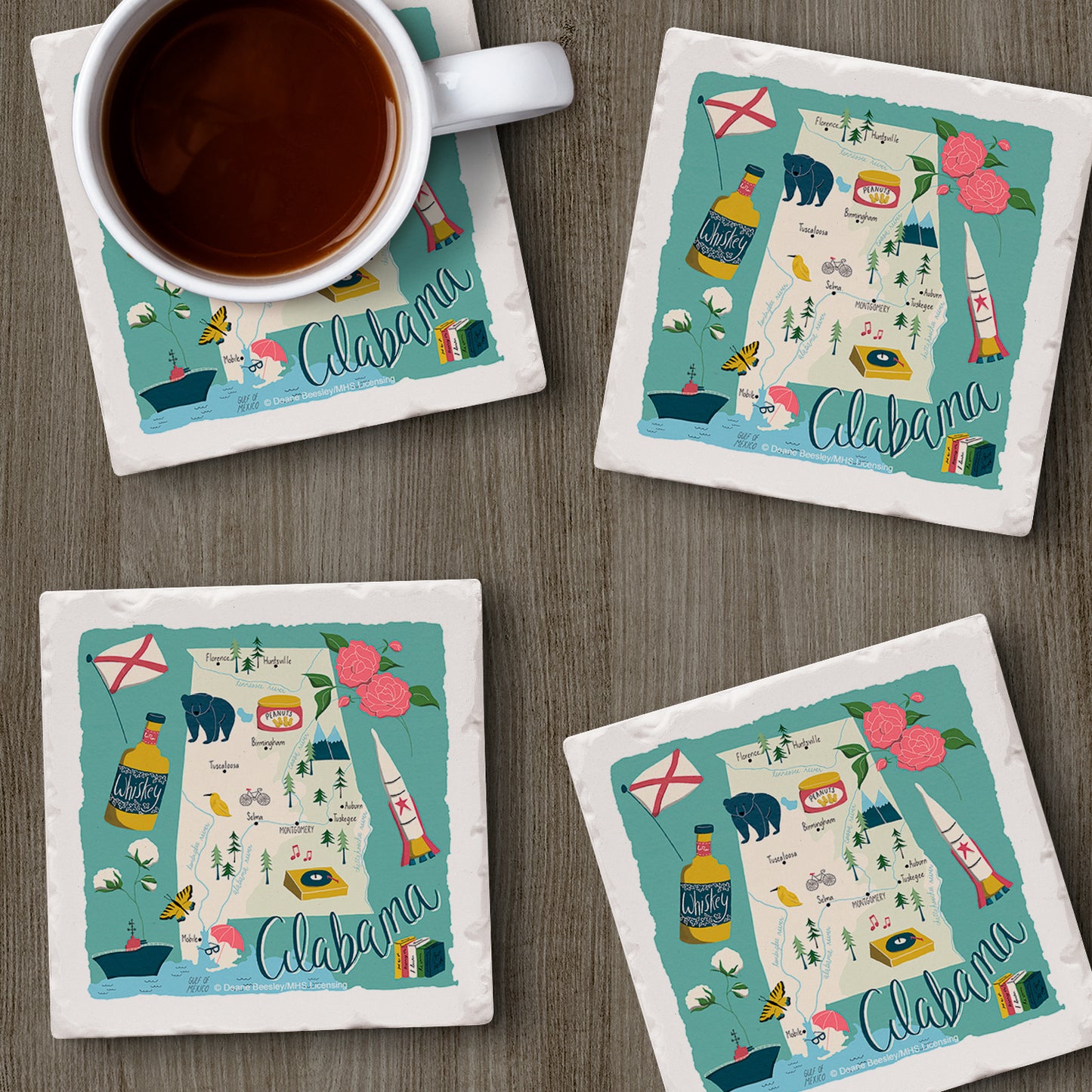 Thirstystone Alabama Home State 4 Pack Tumbled Tile Stone Coasters 4" Square Manufactured in the USA
