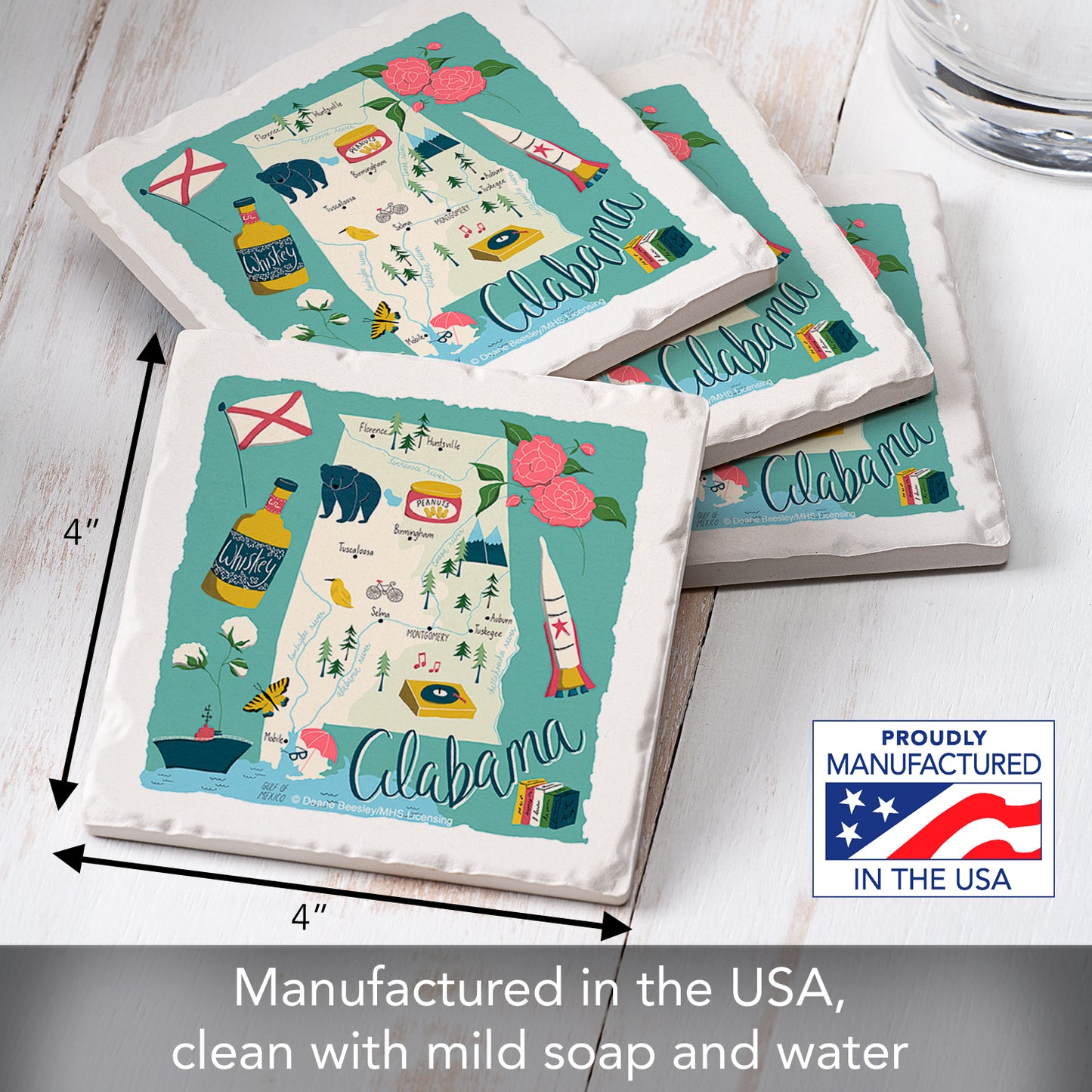 Thirstystone Alabama Home State 4 Pack Tumbled Tile Stone Coasters 4" Square Manufactured in the USA