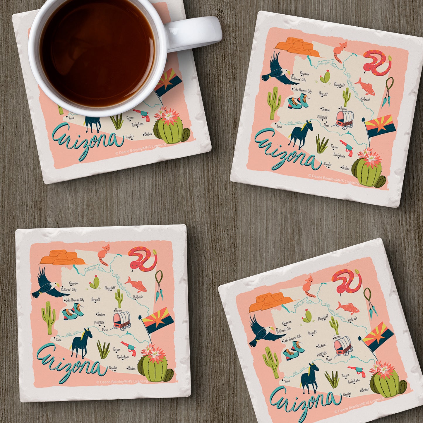 Thirstystone Arizona Home State 4 Pack Tumbled Tile Stone Coasters 4" Square Manufactured in the USA