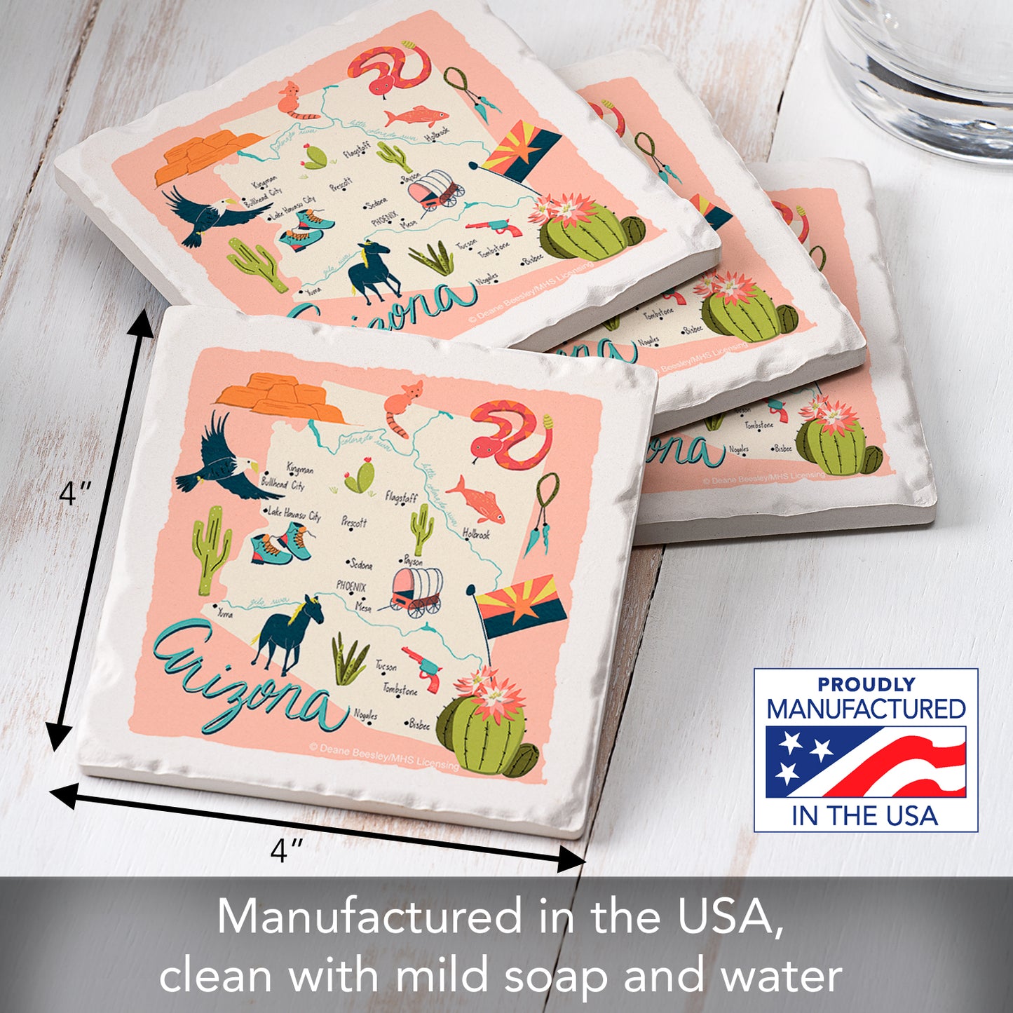 Thirstystone Arizona Home State 4 Pack Tumbled Tile Stone Coasters 4" Square Manufactured in the USA
