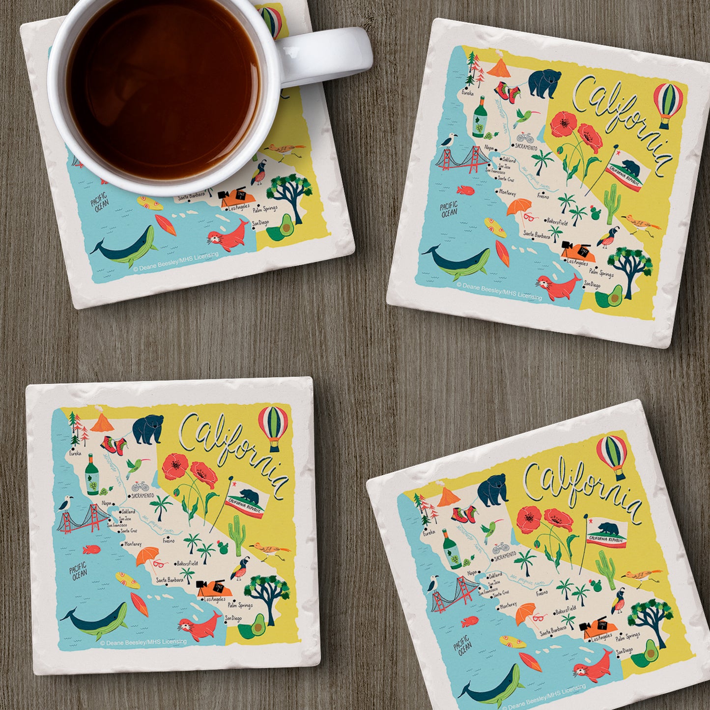 Thirstystone California Home State 4 Pack Tumbled Tile Stone Coasters 4" Square Manufactured in the USA