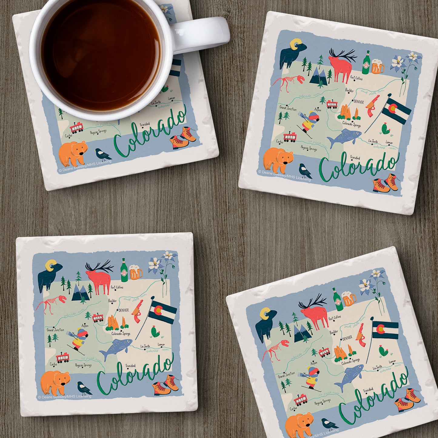 Thirstystone Colorado Home State 4 Pack Tumbled Tile Stone Coasters 4" Square Manufactured in the USA