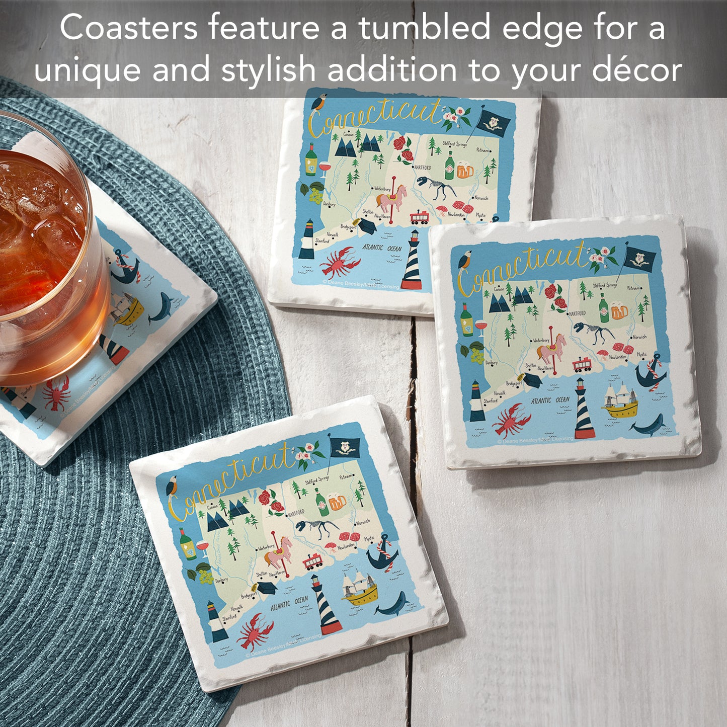 Thirstystone Connecticut Home State 4 Pack Tumbled Tile Stone Coasters 4" Square Manufactured in the USA