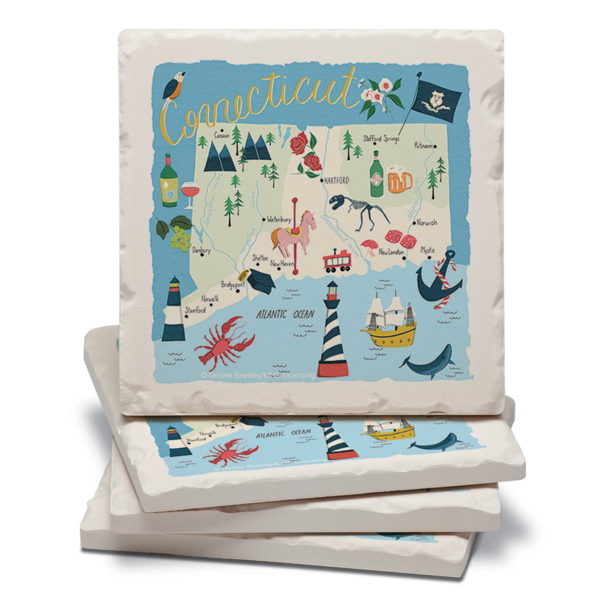 Thirstystone Connecticut Home State 4 Pack Tumbled Tile Stone Coasters 4" Square Manufactured in the USA