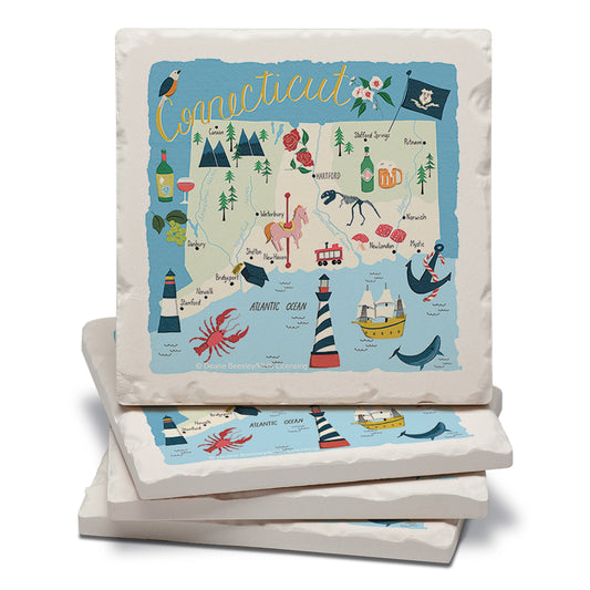 Thirstystone Connecticut Home State 4 Pack Tumbled Tile Stone Coasters 4" Square Manufactured in the USA