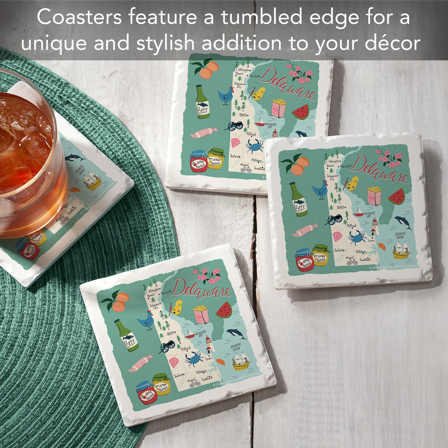 Thirstystone Delaware Home State 4 Pack Tumbled Tile Stone Coasters 4" Square Manufactured in the USA