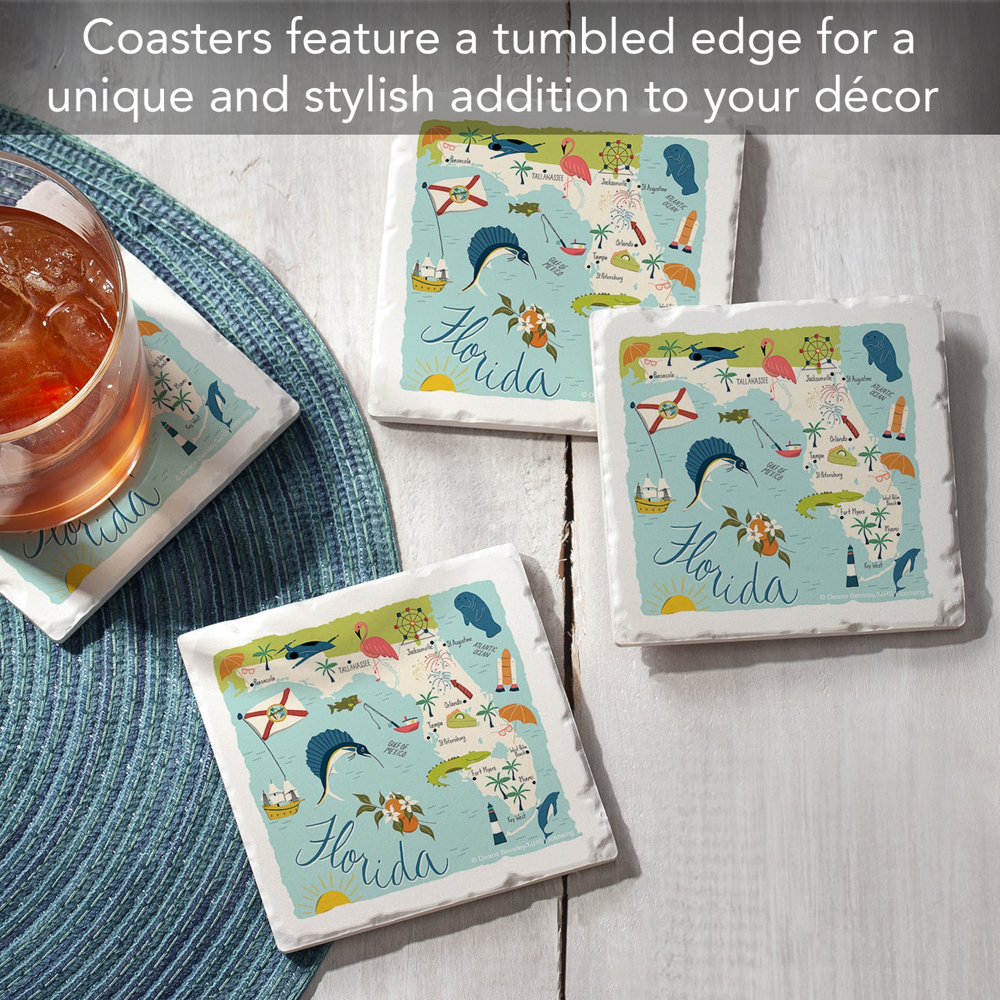 Thirstystone Florida Home State 4 Pack Tumbled Tile Stone Coasters 4" Square Manufactured in the USA