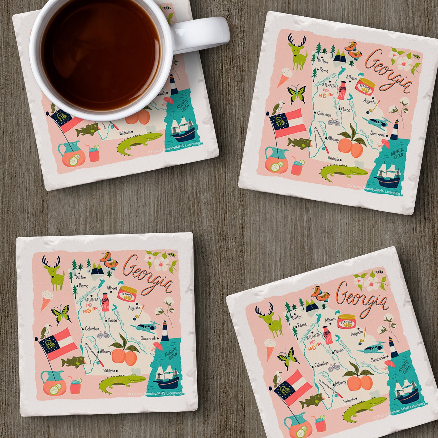 Thirstystone Georgia Home State 4 Pack Tumbled Tile Stone Coasters 4" Square Manufactured in the USA