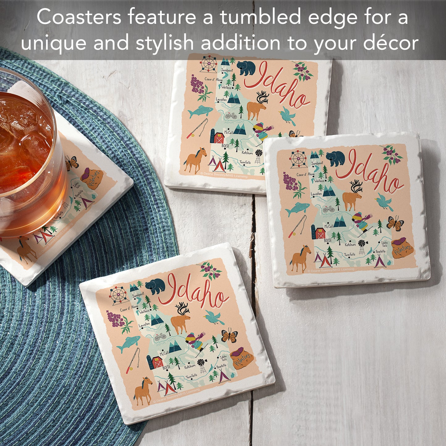 Thirstystone Idaho Home State 4 Pack Tumbled Tile Stone Coasters 4" Square Manufactured in the USA