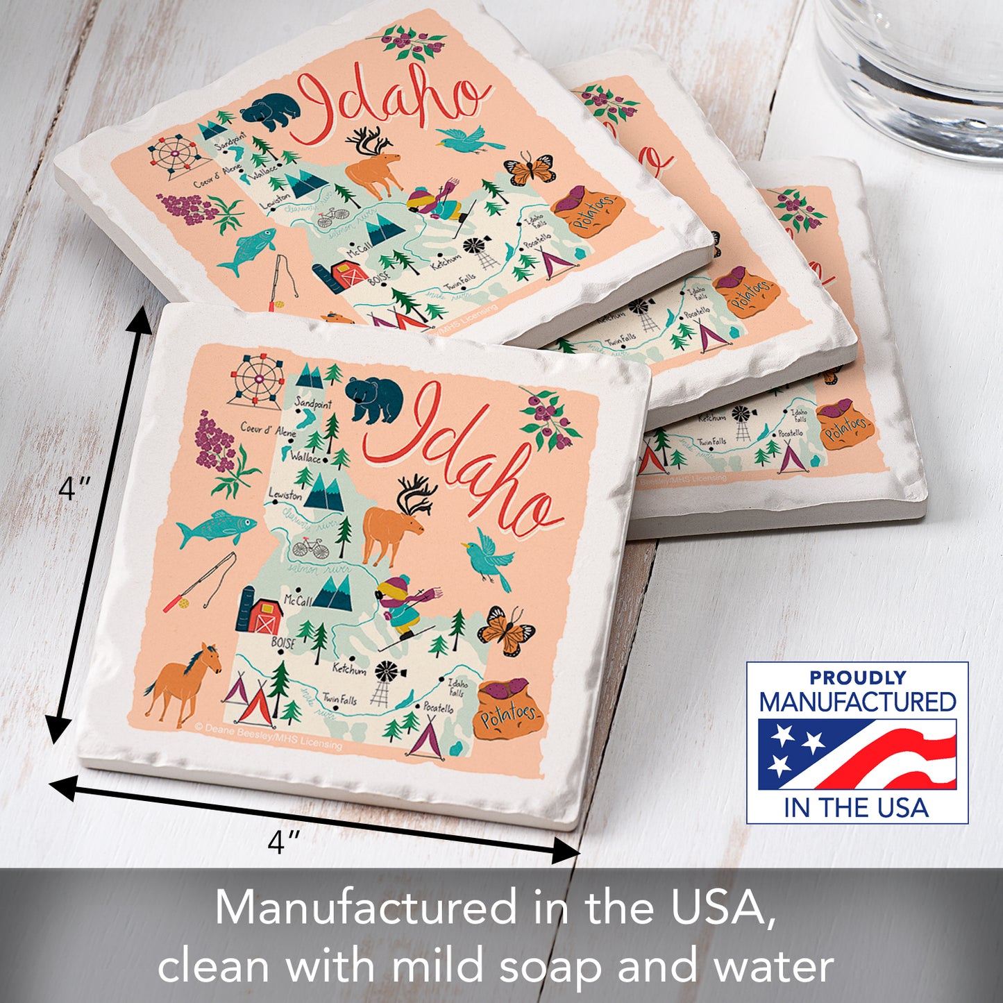 Thirstystone Idaho Home State 4 Pack Tumbled Tile Stone Coasters 4" Square Manufactured in the USA