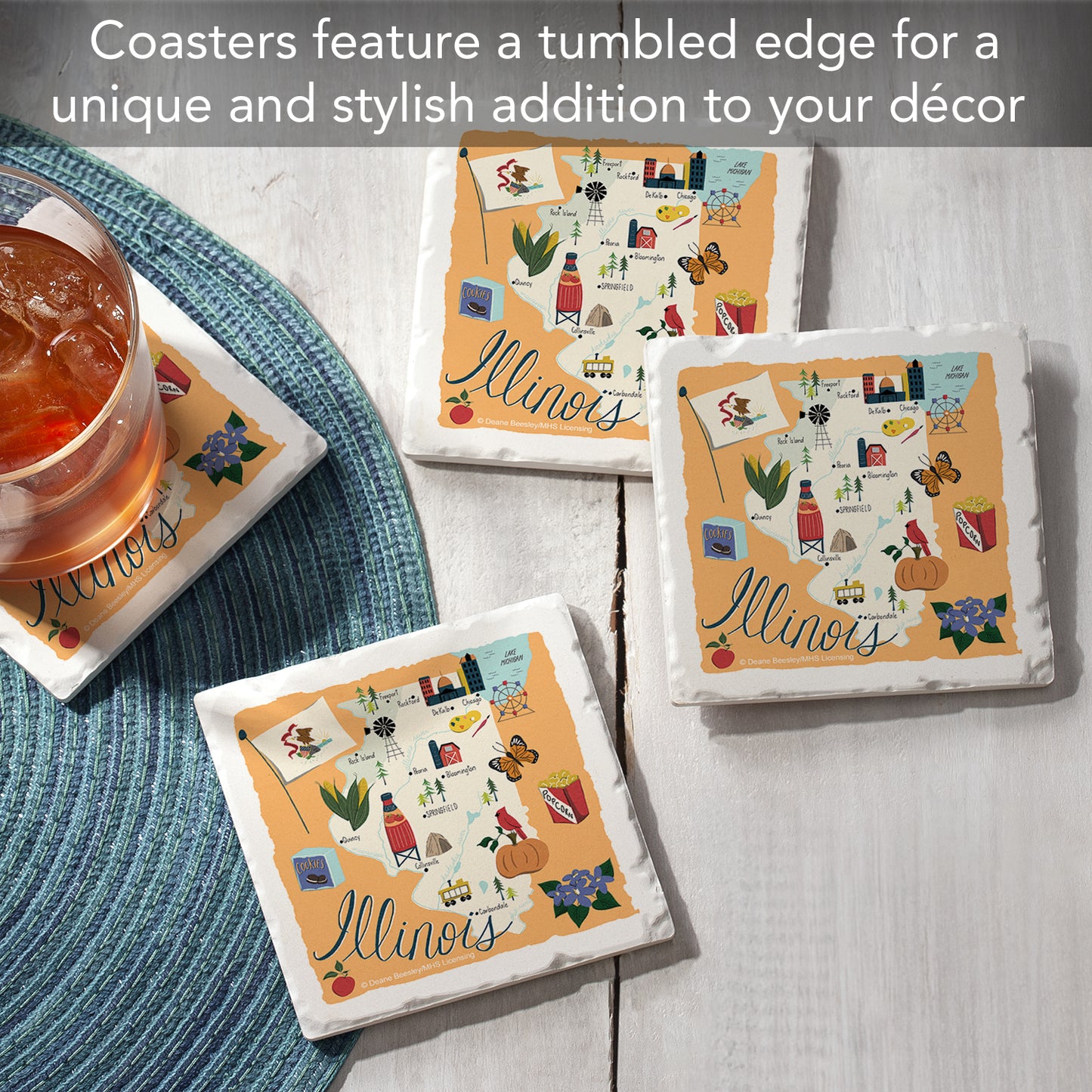 Thirstystone Illinois Home State 4 Pack Tumbled Tile Stone Coasters 4" Square Manufactured in the USA