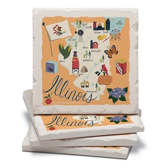 Thirstystone Illinois Home State 4 Pack Tumbled Tile Stone Coasters 4" Square Manufactured in the USA