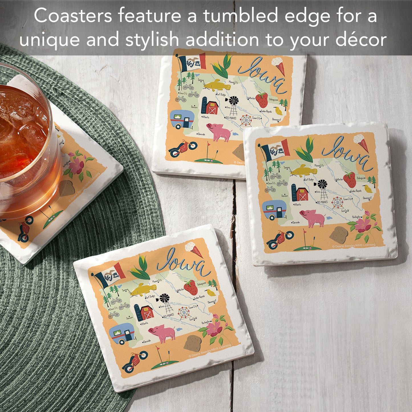 Thirstystone Iowa Home State 4 Pack Tumbled Tile Stone Coasters 4" Square Manufactured in the USA