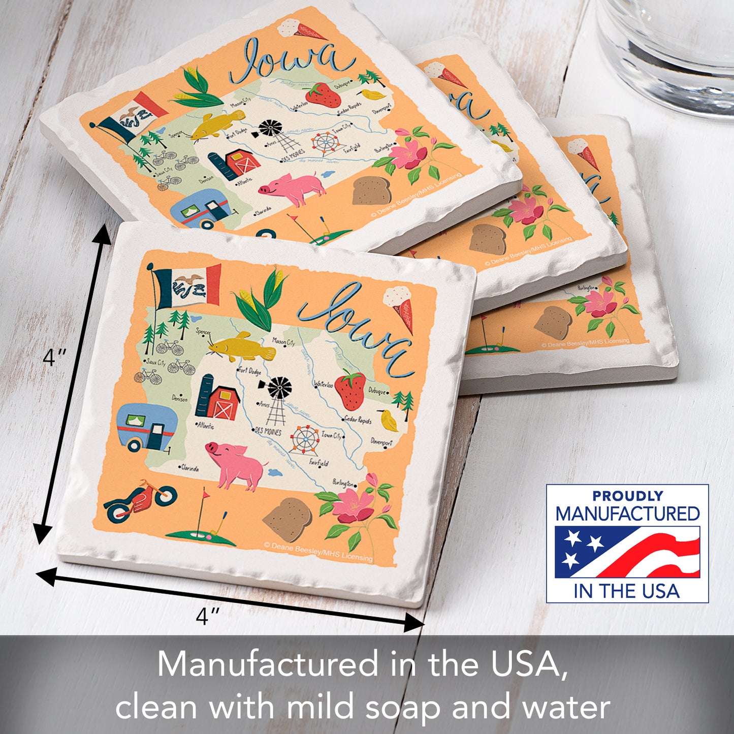 Thirstystone Iowa Home State 4 Pack Tumbled Tile Stone Coasters 4" Square Manufactured in the USA