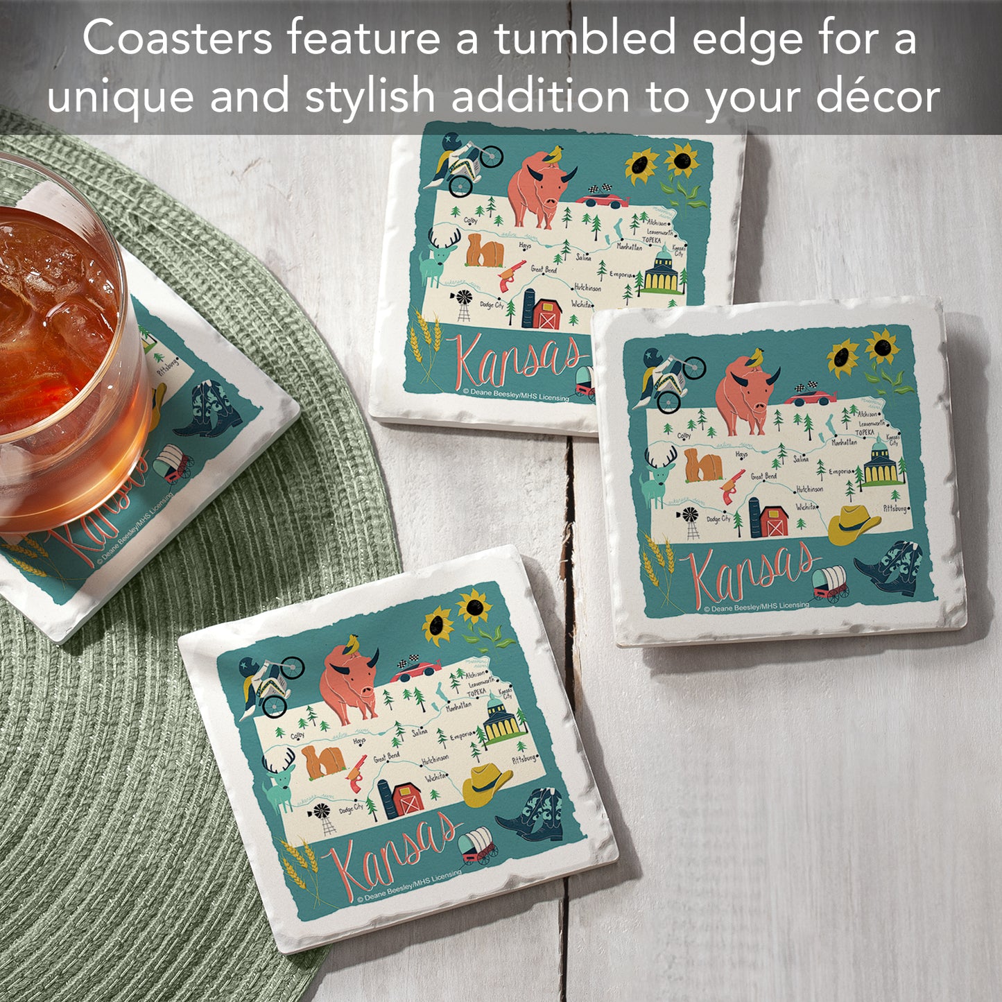 Thirstystone Kansas Home State 4 Pack Tumbled Tile Stone Coasters 4" Square Manufactured in the USA