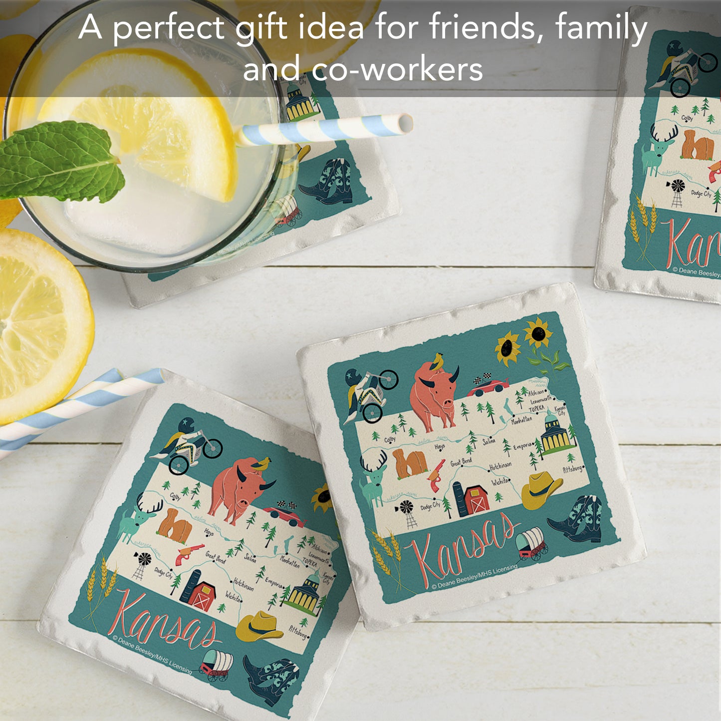 Thirstystone Kansas Home State 4 Pack Tumbled Tile Stone Coasters 4" Square Manufactured in the USA