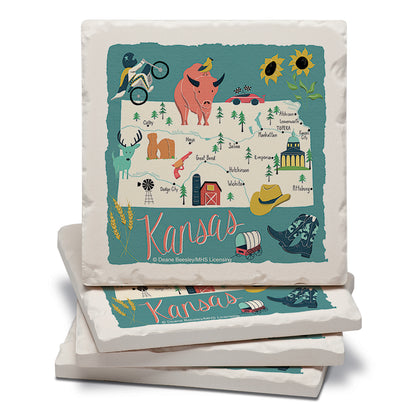Thirstystone Kansas Home State 4 Pack Tumbled Tile Stone Coasters 4" Square Manufactured in the USA