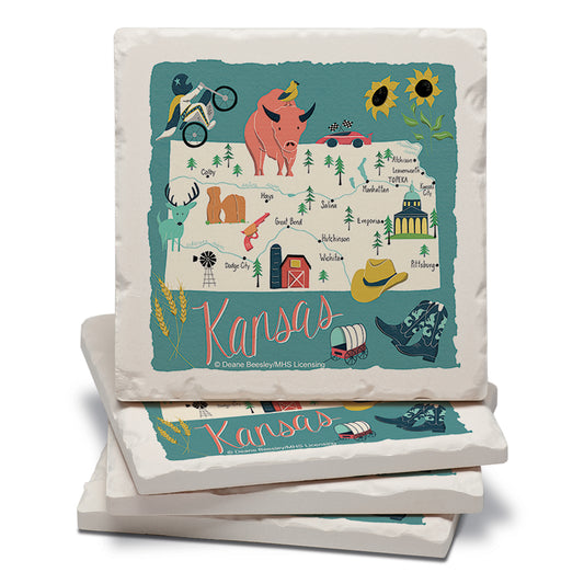 Thirstystone Kansas Home State 4 Pack Tumbled Tile Stone Coasters 4" Square Manufactured in the USA
