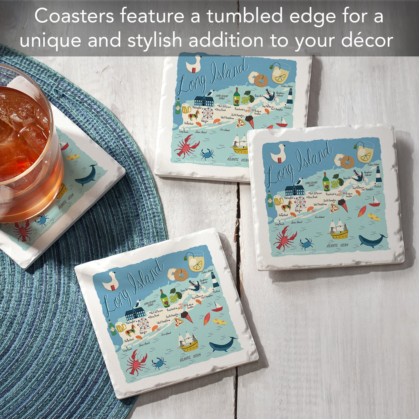 Thirstystone Long Island Home State 4 Pack Tumbled Tile Stone Coasters 4" Square Manufactured in the USA
