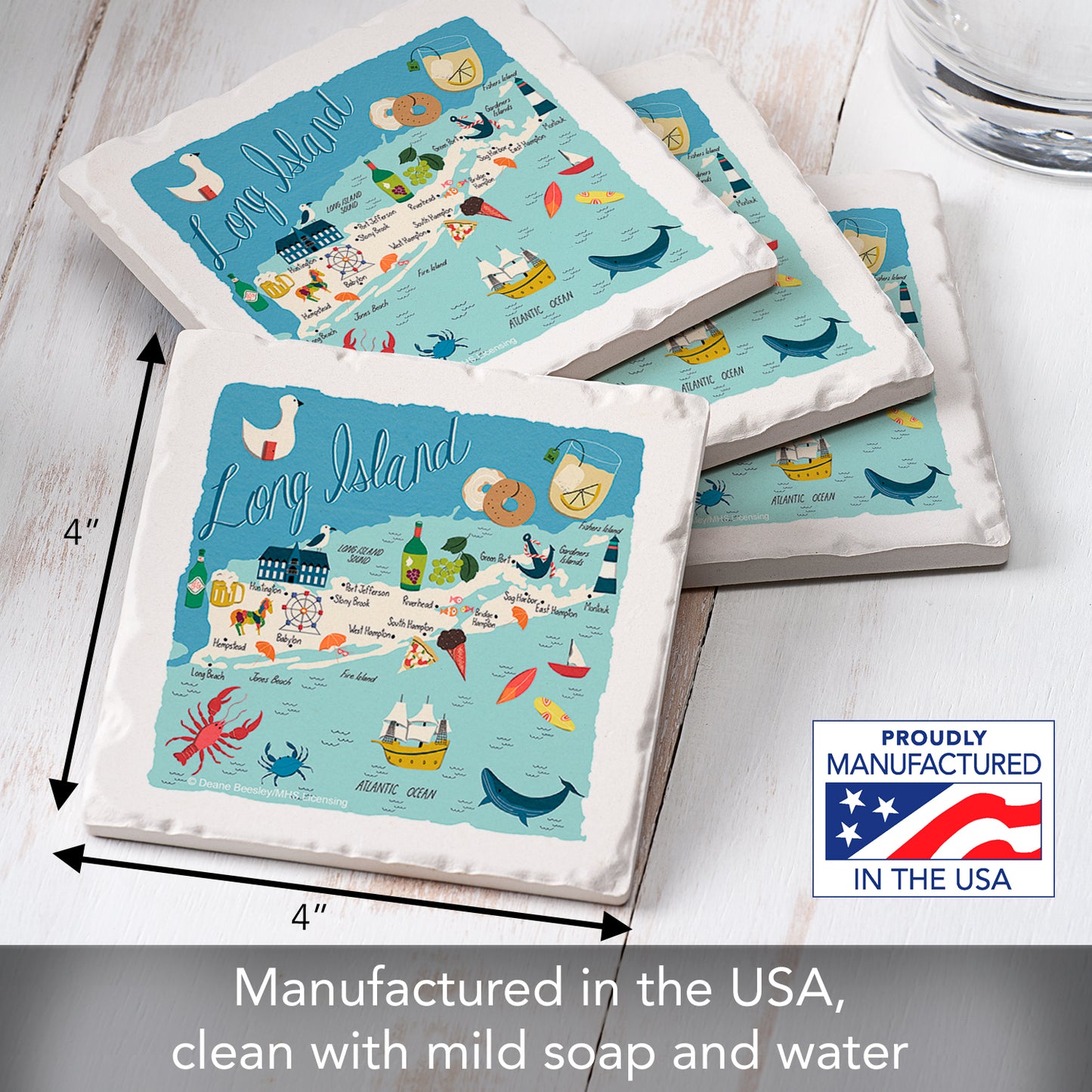 Thirstystone Long Island Home State 4 Pack Tumbled Tile Stone Coasters 4" Square Manufactured in the USA