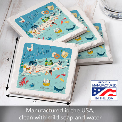 Thirstystone Long Island Home State 4 Pack Tumbled Tile Stone Coasters 4" Square Manufactured in the USA