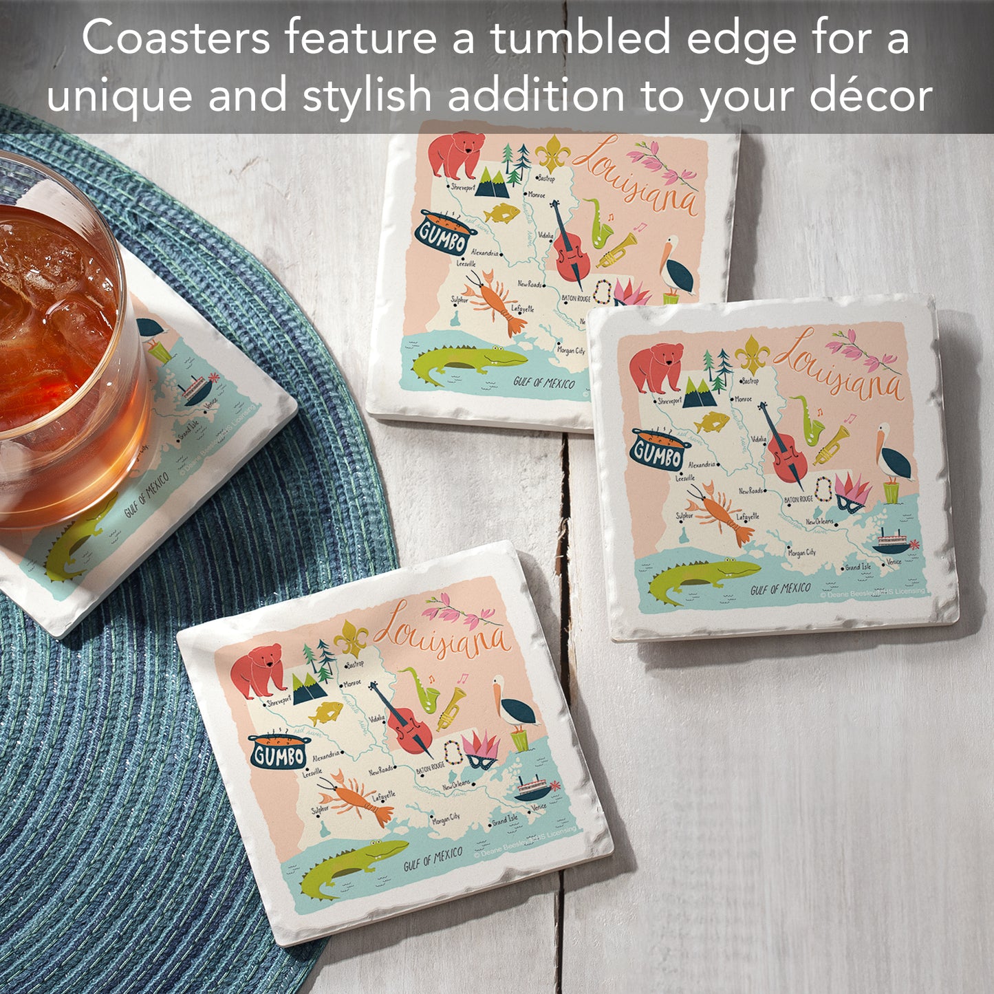 Thirstystone Louisiana Home State 4 Pack Tumbled Tile Stone Coasters 4" Square Manufactured in the USA