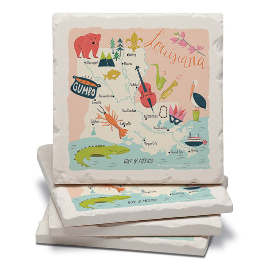 Thirstystone Louisiana Home State 4 Pack Tumbled Tile Stone Coasters 4" Square Manufactured in the USA