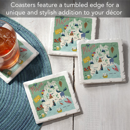 Thirstystone Maine Home State 4 Pack Tumbled Tile Stone Coasters 4" Square Manufactured in the USA