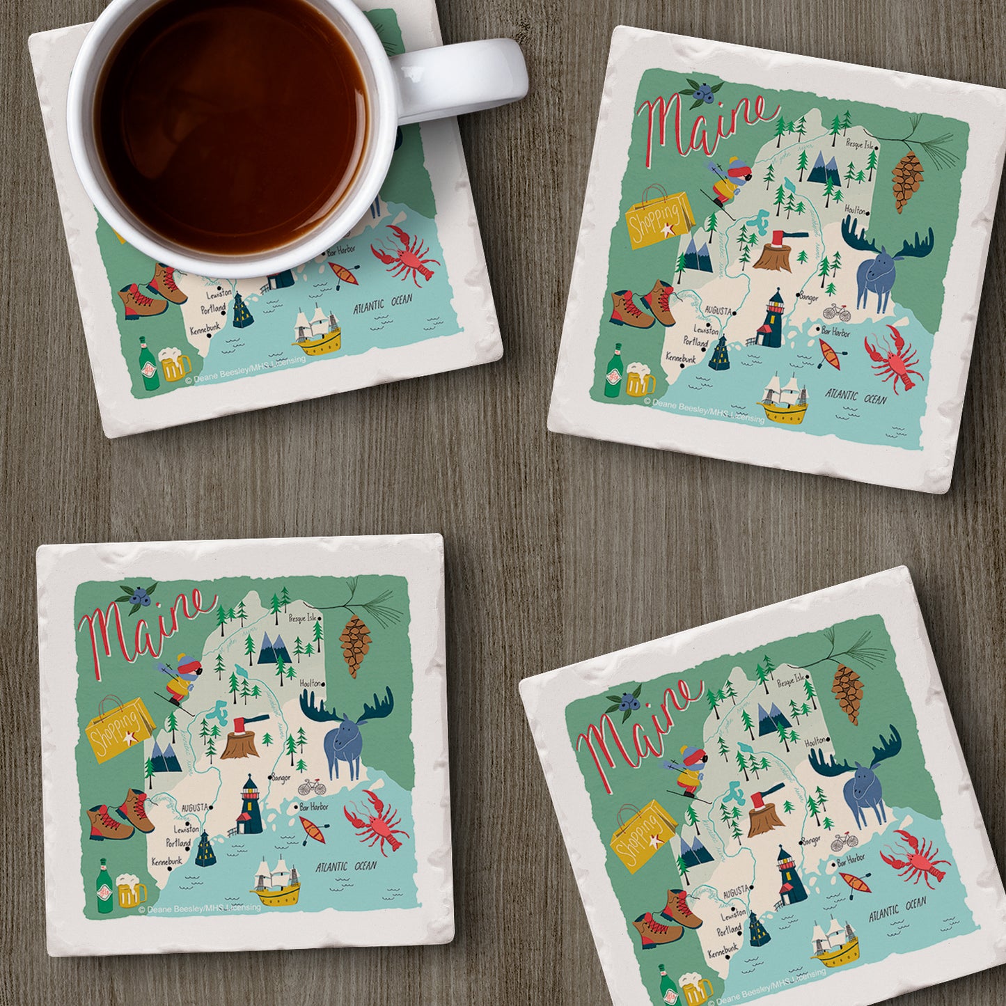 Thirstystone Maine Home State 4 Pack Tumbled Tile Stone Coasters 4" Square Manufactured in the USA