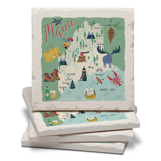 Thirstystone Maine Home State 4 Pack Tumbled Tile Stone Coasters 4" Square Manufactured in the USA