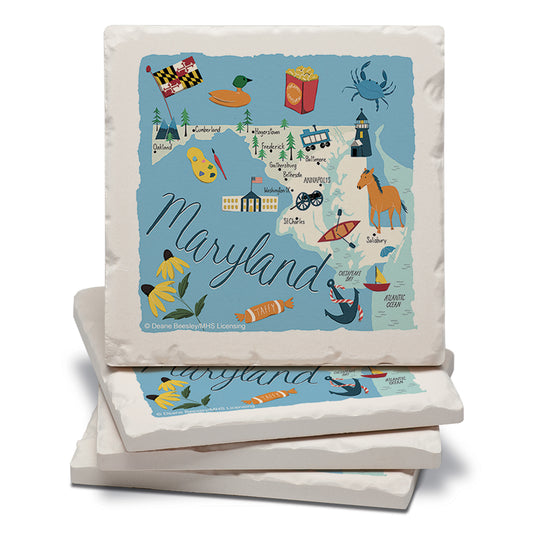 Thirstystone Maryland Home State 4 Pack Tumbled Tile Stone Coasters 4" Square Manufactured in the USA