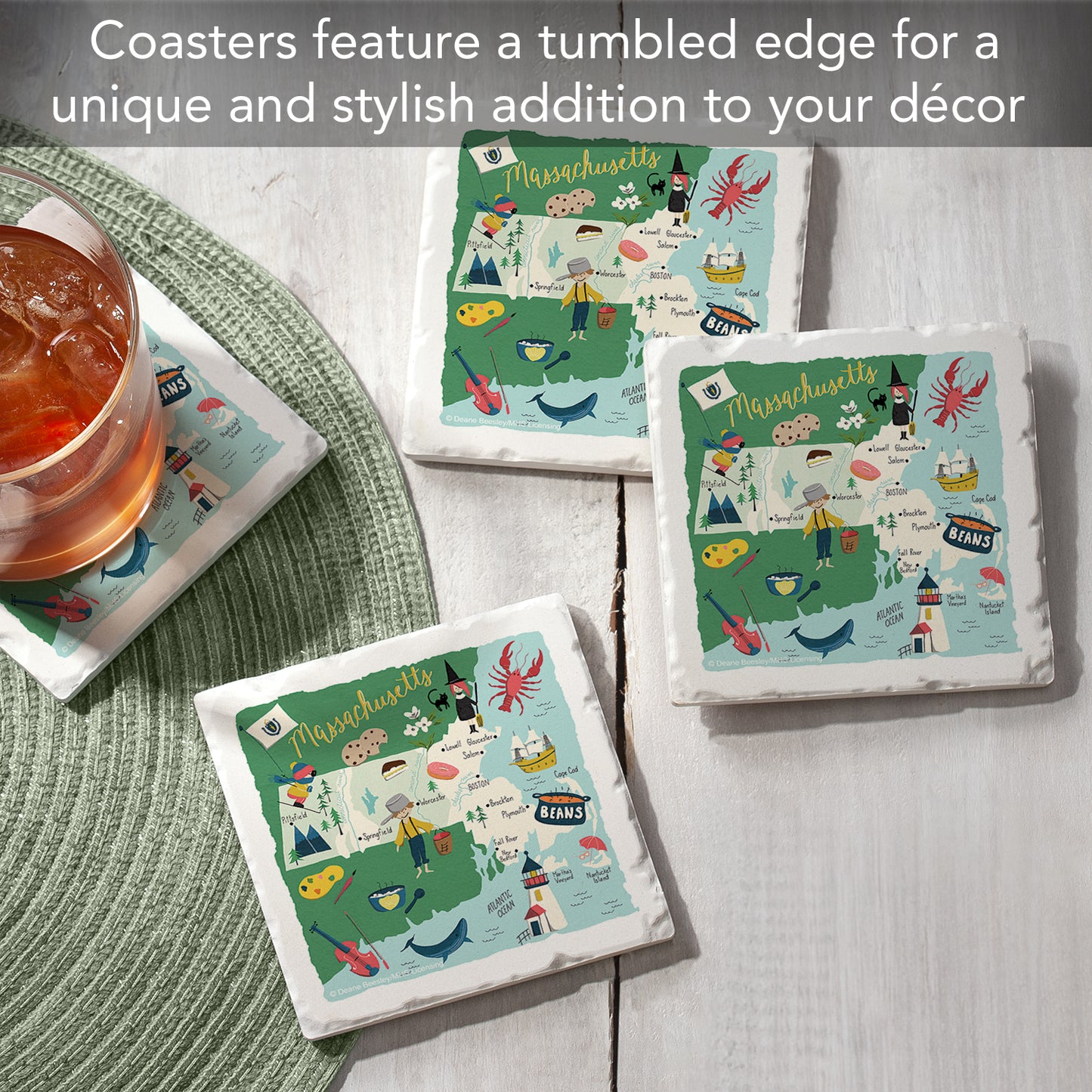 Thirstystone Massachusetts Home State 4 Pack Tumbled Tile Stone Coasters 4" Square Manufactured in the USA