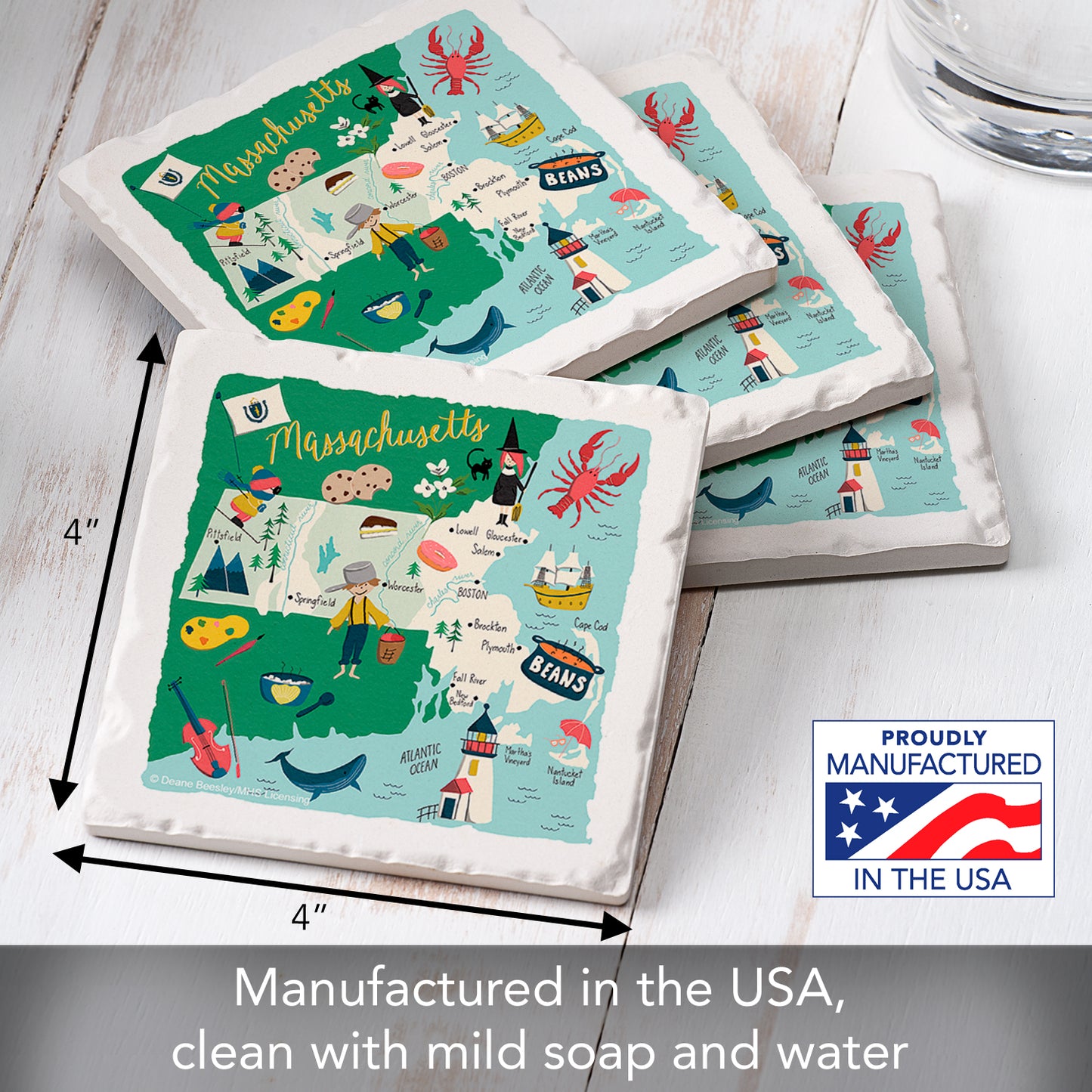 Thirstystone Massachusetts Home State 4 Pack Tumbled Tile Stone Coasters 4" Square Manufactured in the USA