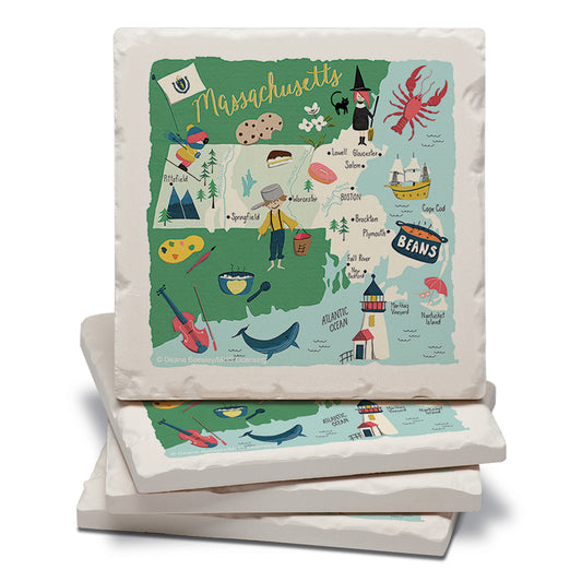 Thirstystone Massachusetts Home State 4 Pack Tumbled Tile Stone Coasters 4" Square Manufactured in the USA