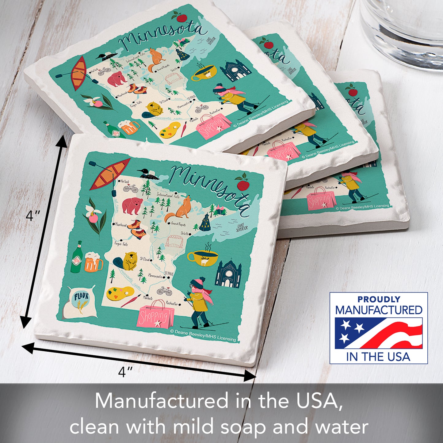 Thirstystone Minnesota Home State 4 Pack Tumbled Tile Stone Coasters 4" Square Manufactured in the USA