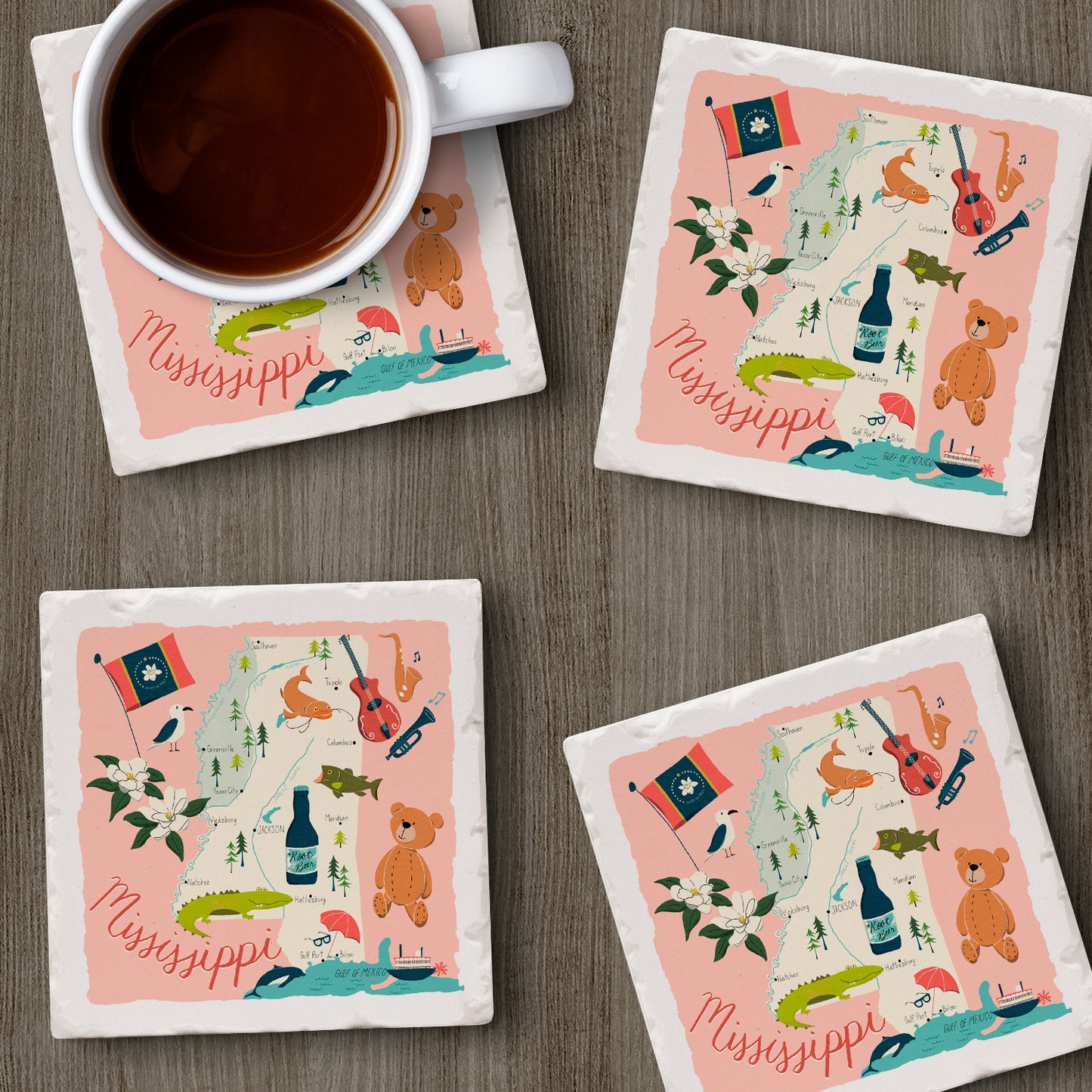 Thirstystone Mississippi Home State 4 Pack Tumbled Tile Stone Coasters 4" Square Manufactured in the USA