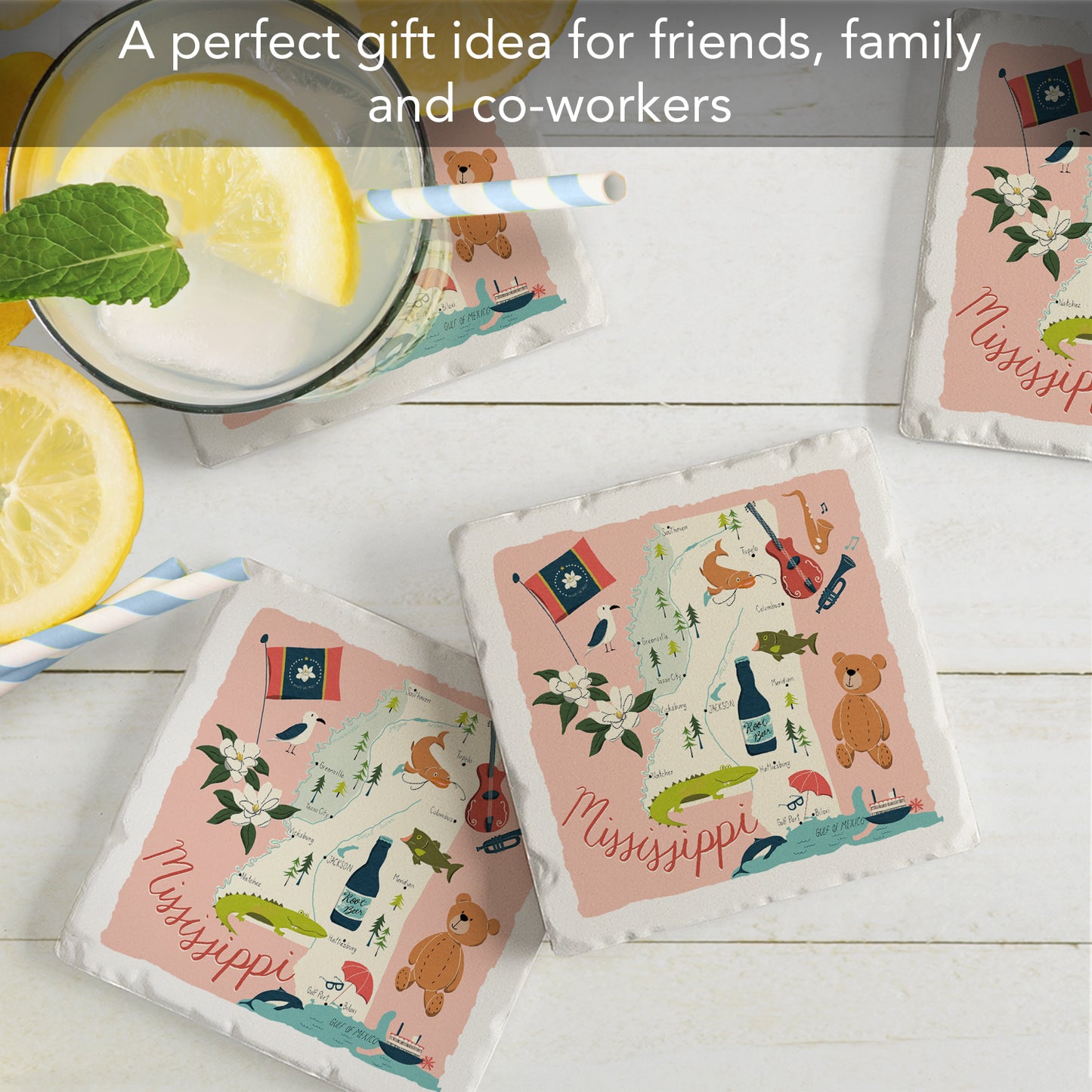 Thirstystone Mississippi Home State 4 Pack Tumbled Tile Stone Coasters 4" Square Manufactured in the USA