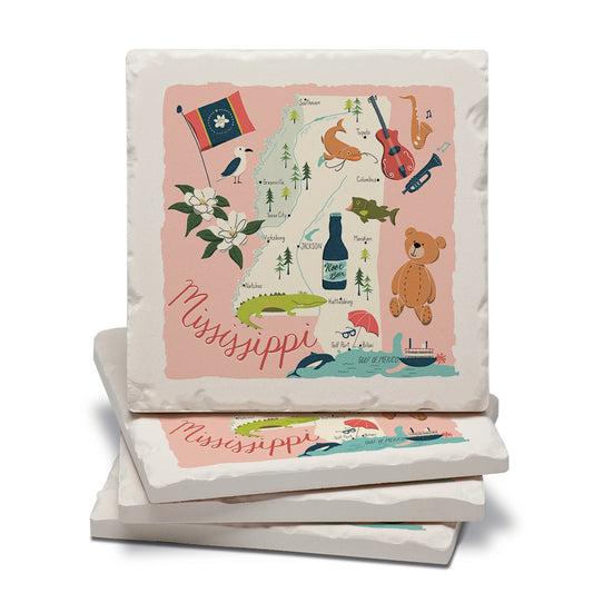 Thirstystone Mississippi Home State 4 Pack Tumbled Tile Stone Coasters 4" Square Manufactured in the USA