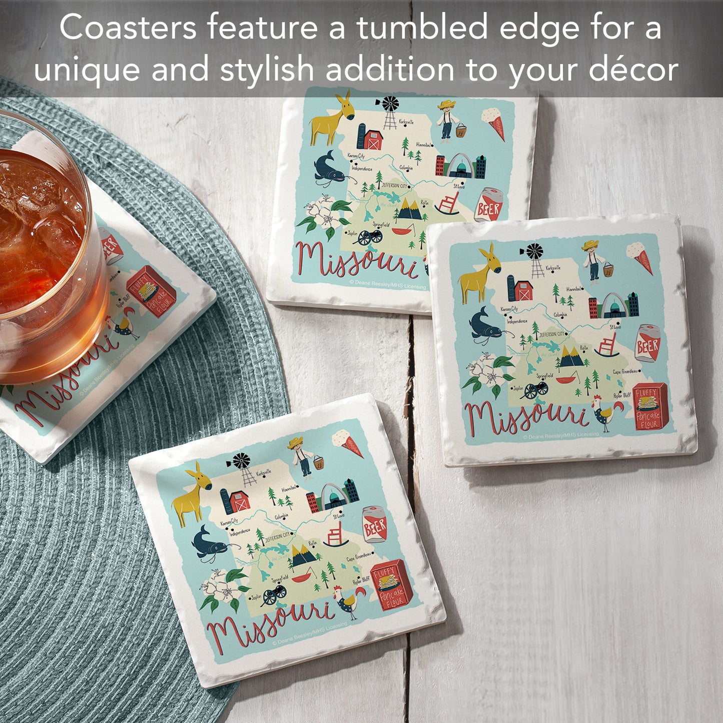 Thirstystone Missouri Home State 4 Pack Tumbled Tile Stone Coasters 4" Square Manufactured in the USA