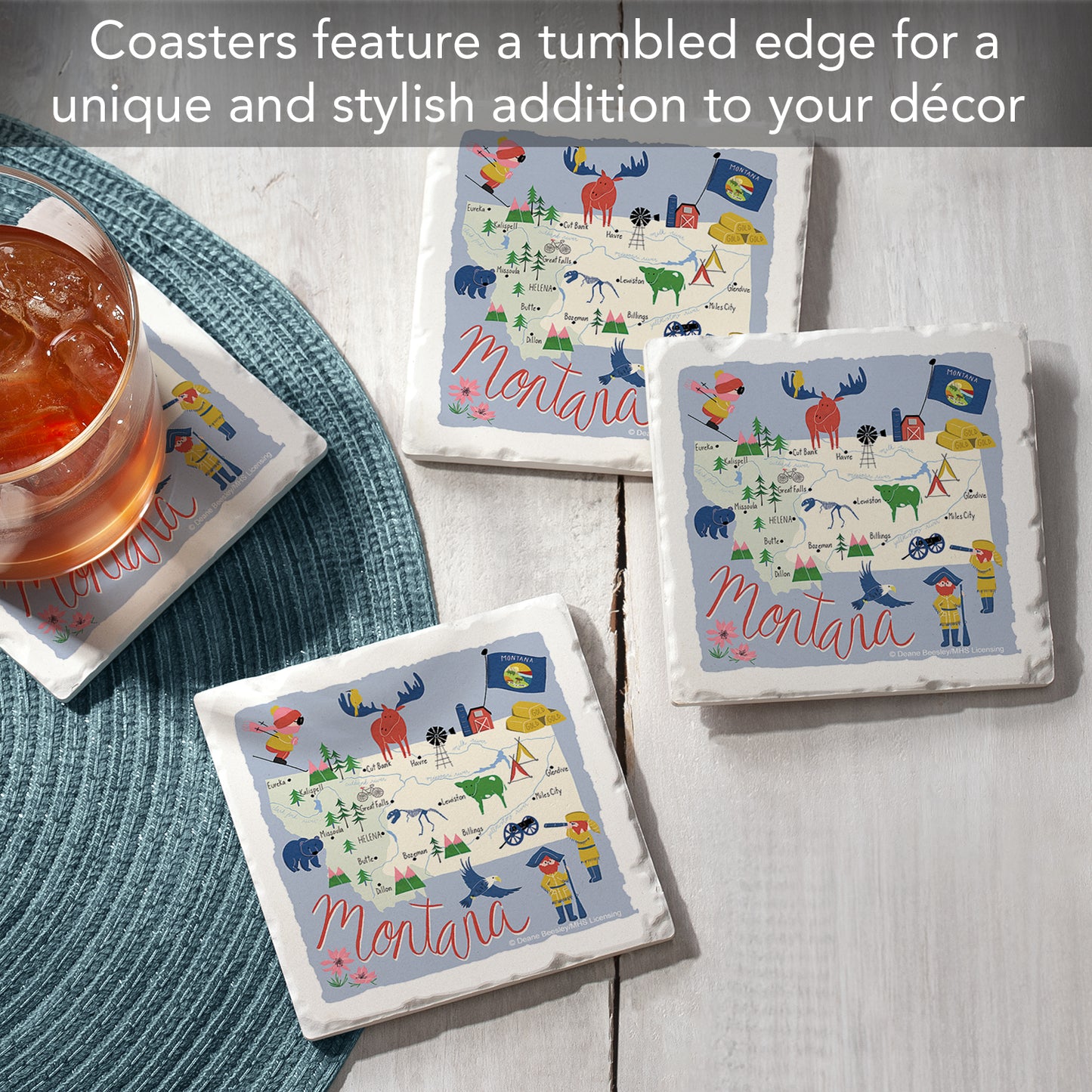 Thirstystone Montana Home State 4 Pack Tumbled Tile Stone Coasters 4" Square Manufactured in the USA