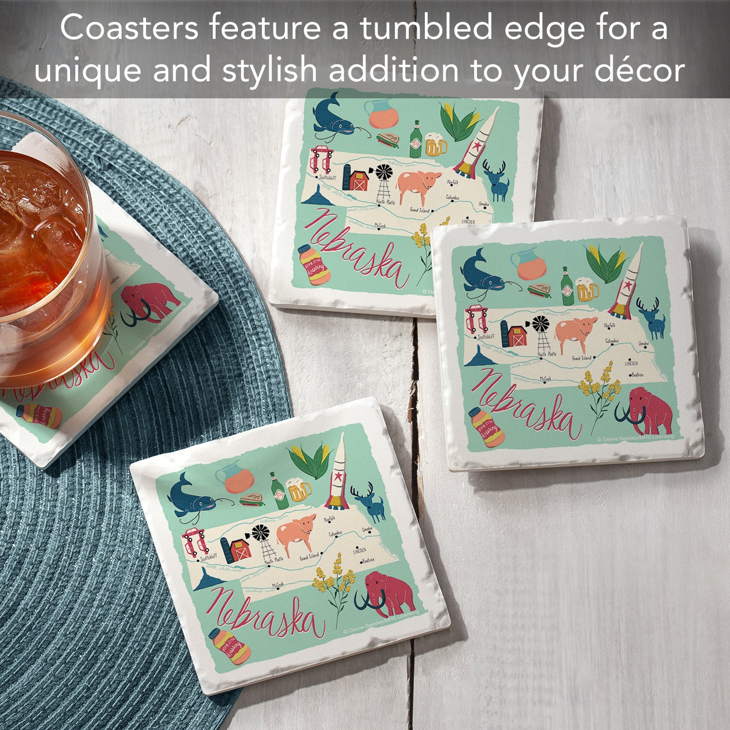 Thirstystone Nebraska Home State 4 Pack Tumbled Tile Stone Coasters with Protective Cork Backing 4" Square Manufactured in The USA Artistic Absorbent Easily Wipes Clean