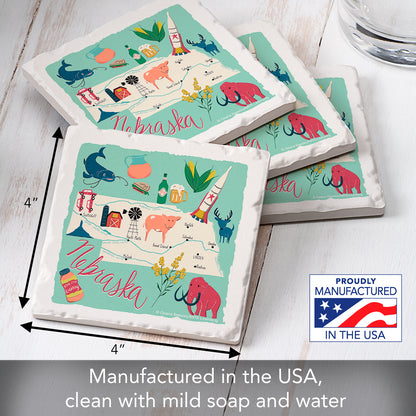 Thirstystone Nebraska Home State 4 Pack Tumbled Tile Stone Coasters with Protective Cork Backing 4" Square Manufactured in The USA Artistic Absorbent Easily Wipes Clean