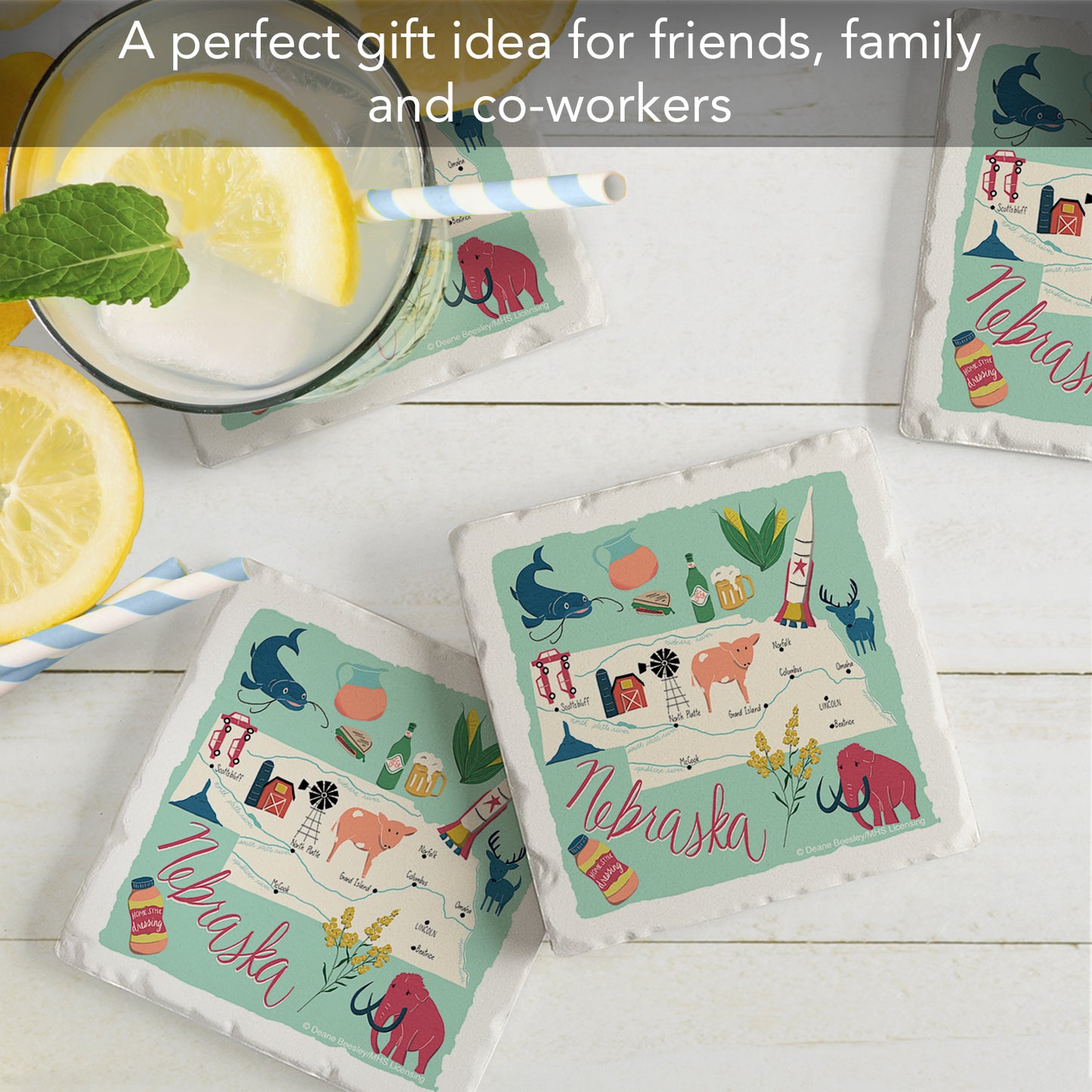 Thirstystone Nebraska Home State 4 Pack Tumbled Tile Stone Coasters with Protective Cork Backing 4" Square Manufactured in The USA Artistic Absorbent Easily Wipes Clean