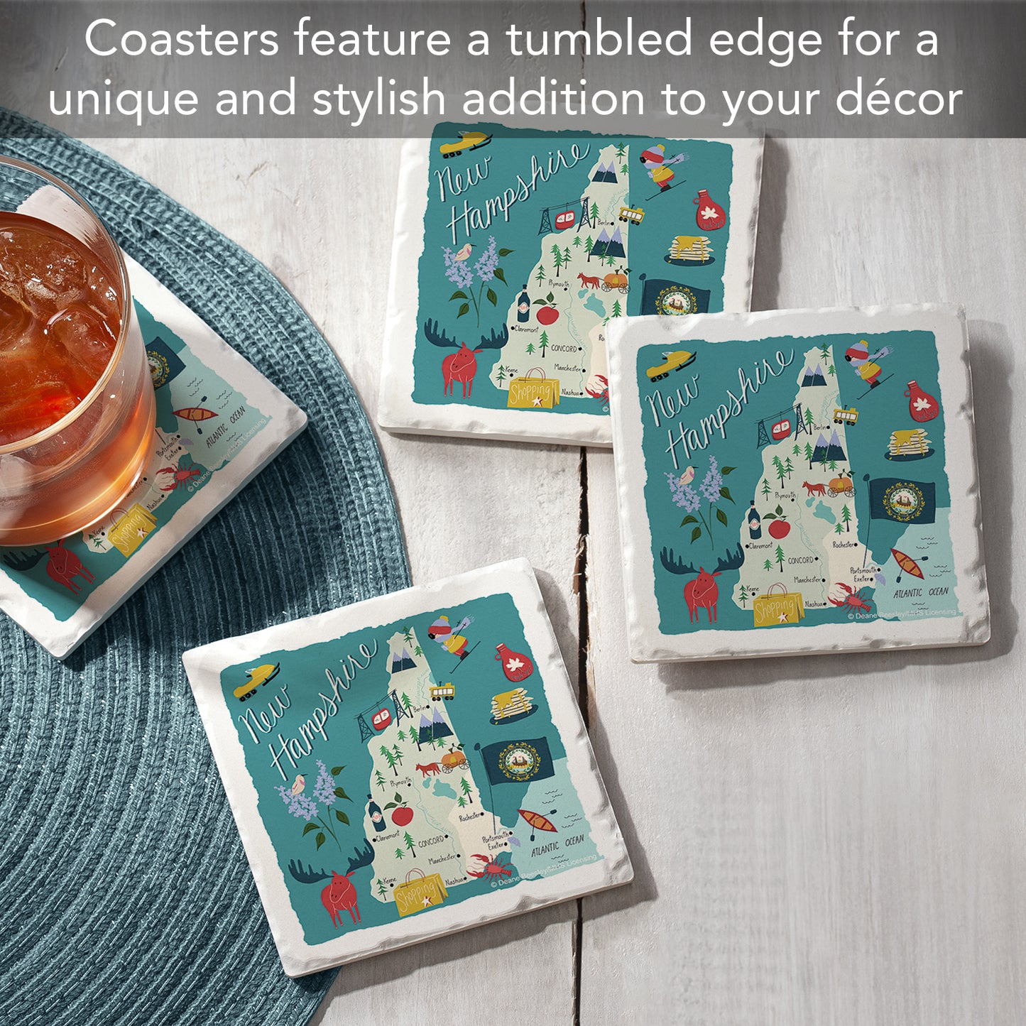 Thirstystone New Hampshire Home State 4 Pack Tumbled Tile Stone Coasters 4" Square Manufactured in the USA