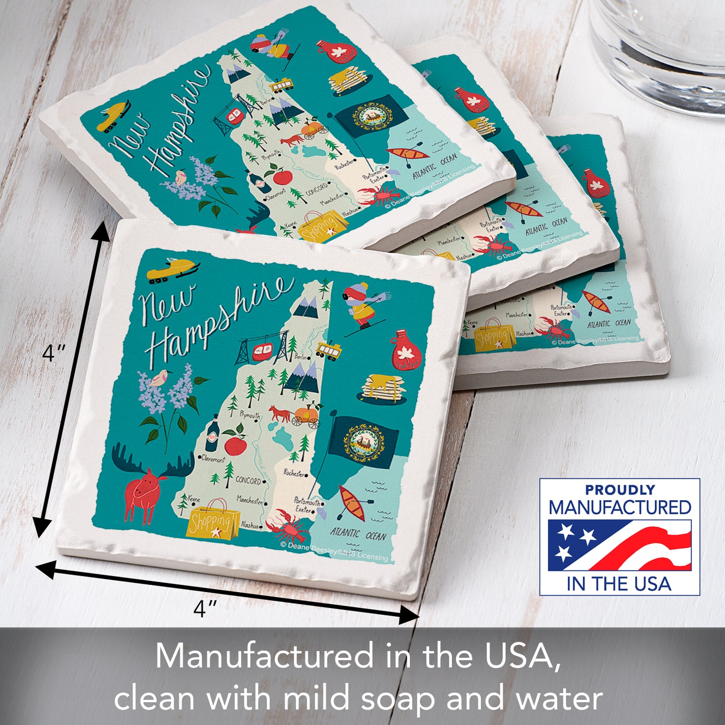 Thirstystone New Hampshire Home State 4 Pack Tumbled Tile Stone Coasters 4" Square Manufactured in the USA