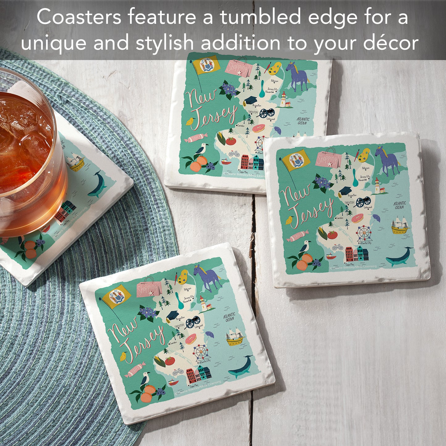 Thirstystone New Jersey Home State 4 Pack Tumbled Tile Stone Coasters 4" Square Manufactured in the USA
